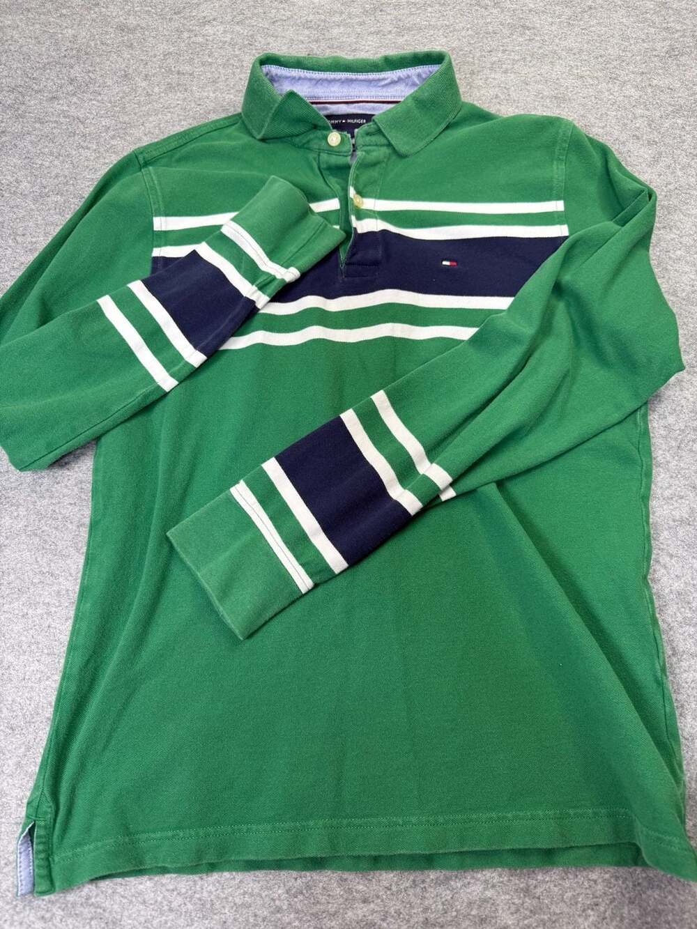 Tommy Hilfiger Men's Green Striped Long Sleeve Rugby Polo Shirt Slim Fit Medium